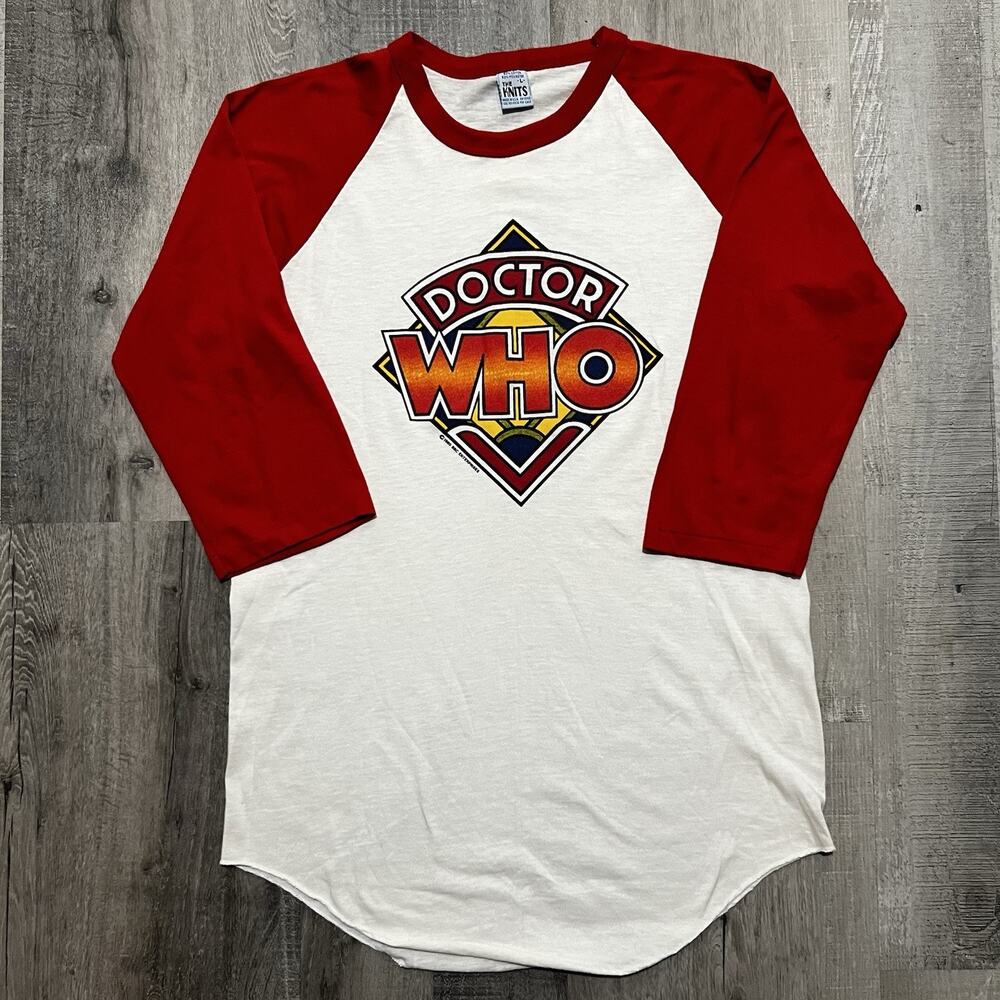 VTG Dr Who TV Show The Knits T Shirt Red/White 3/4 Sleeve 1980 Jersey Style Sz L
